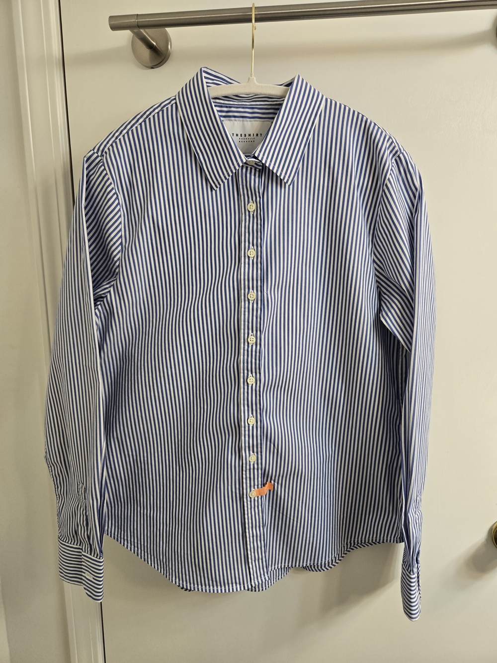 The Shirt by Rochelle Behrens Classic Button Down, White Blue Pinstriped, Size L